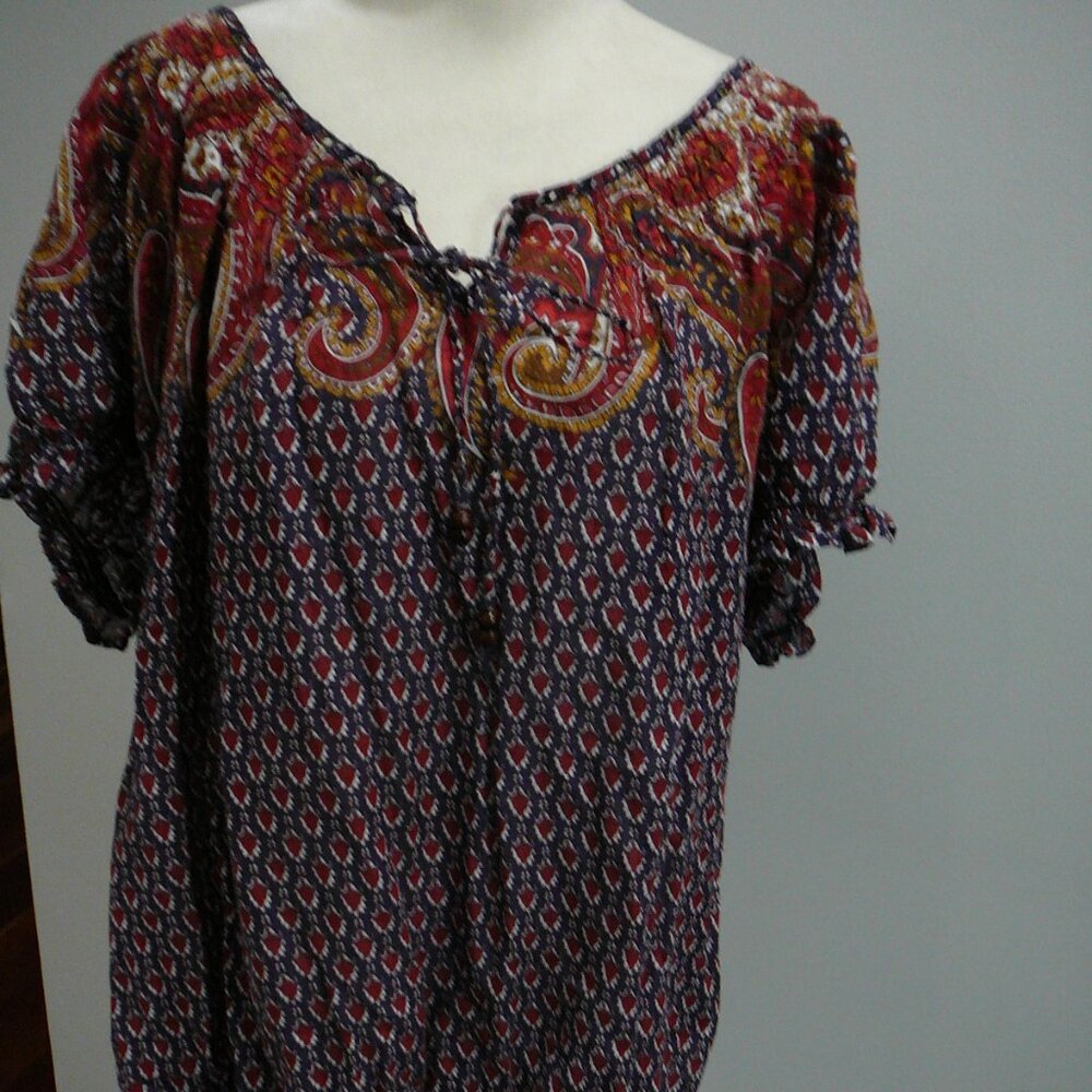 Nine West Jeans Bohemian Peasant Short Sleeve Blue Red Ruffled Blouse-Size XXL